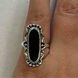 Yicen Bohemian Silver Elongated Oval Ring with Black Center Size 7